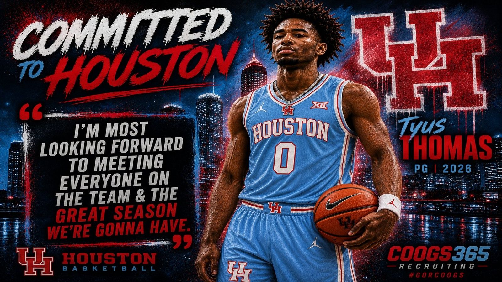 Tyus Thomas commitment graphic featuring the 2026 Houston Cougars basketball commit in Houston’s powder blue alternate uniform with number 0. Thomas is the No. 1 Player in Nevada