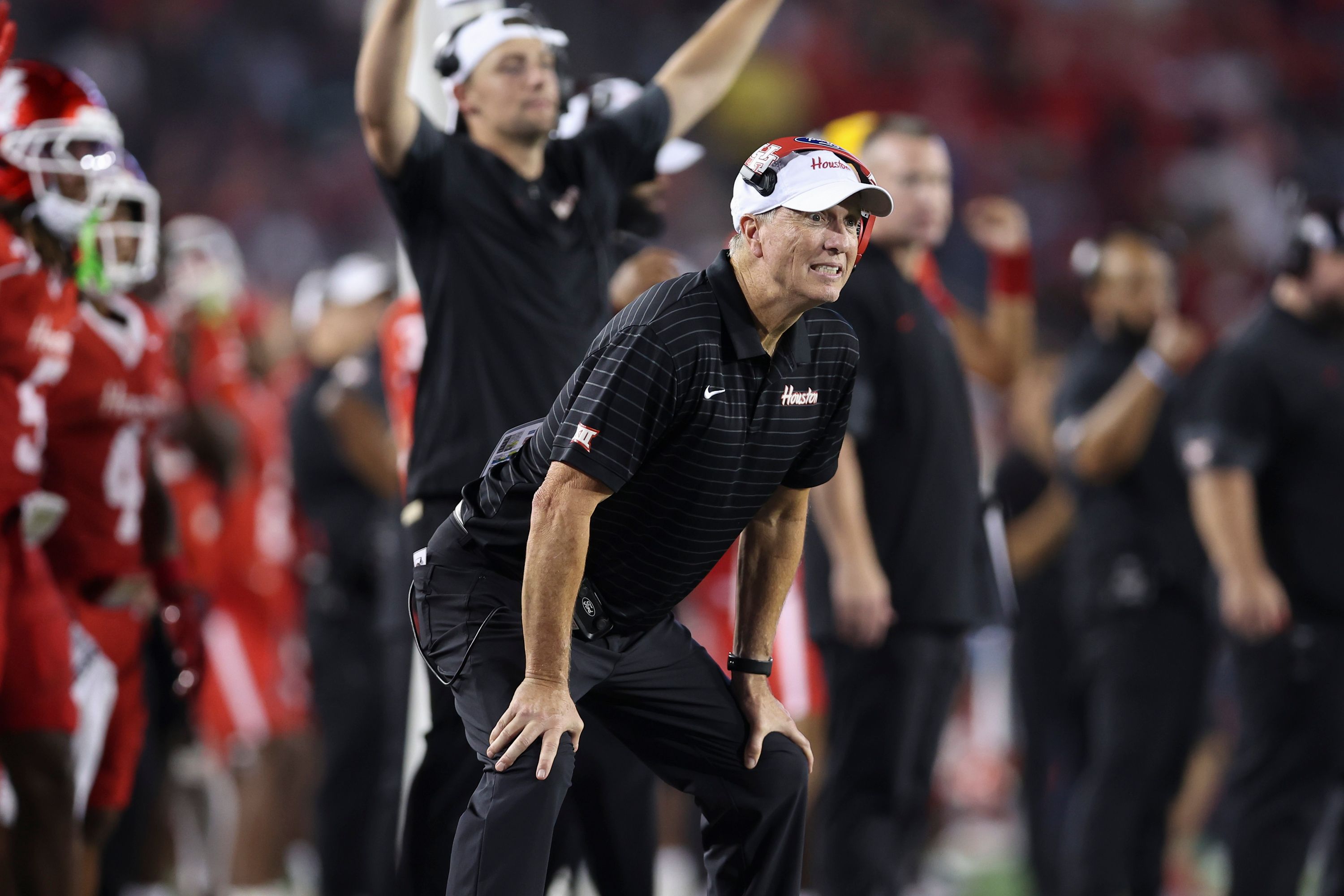 Sep 12, 2025; Houston, Texas, USA; Houston Cougars head coach Willie Fritz reacts on the sideline during the third quarter against the Colorado Buffaloes at TDECU Stadium.