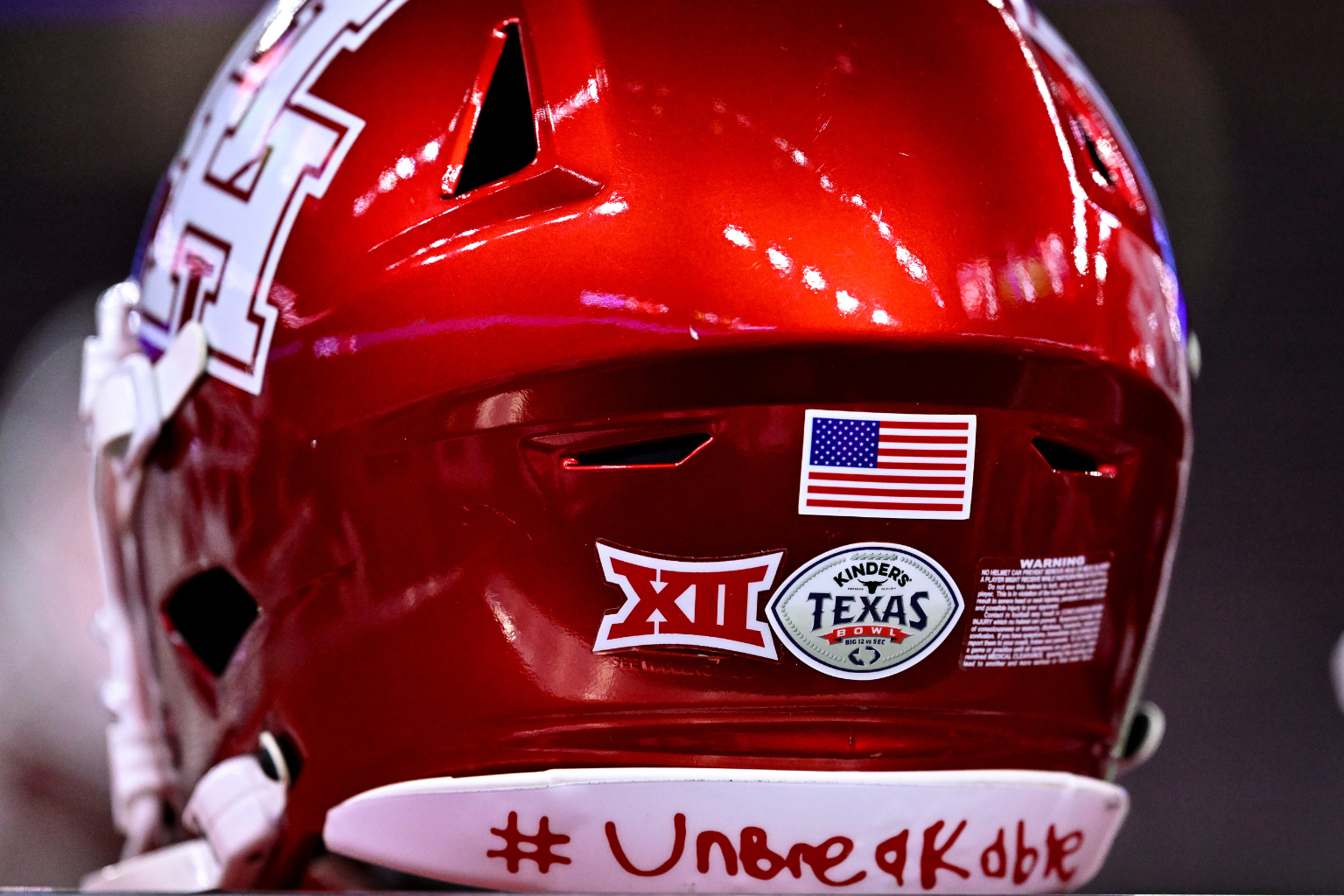 Dec 27, 2025; Houston, TX, USA; A detail view of a Texas Bowl decal on the back of a Houston Cougars helmet during the game against the Louisiana State Tigers at NRG Stadium