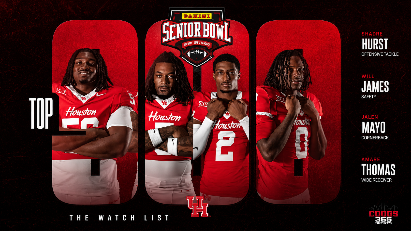 offensive tackle Shadre Hurst, safety Will James, cornerback Jalen Mayo and wide receiver Amare Thomas make The Panini Senior Bowl Top 300