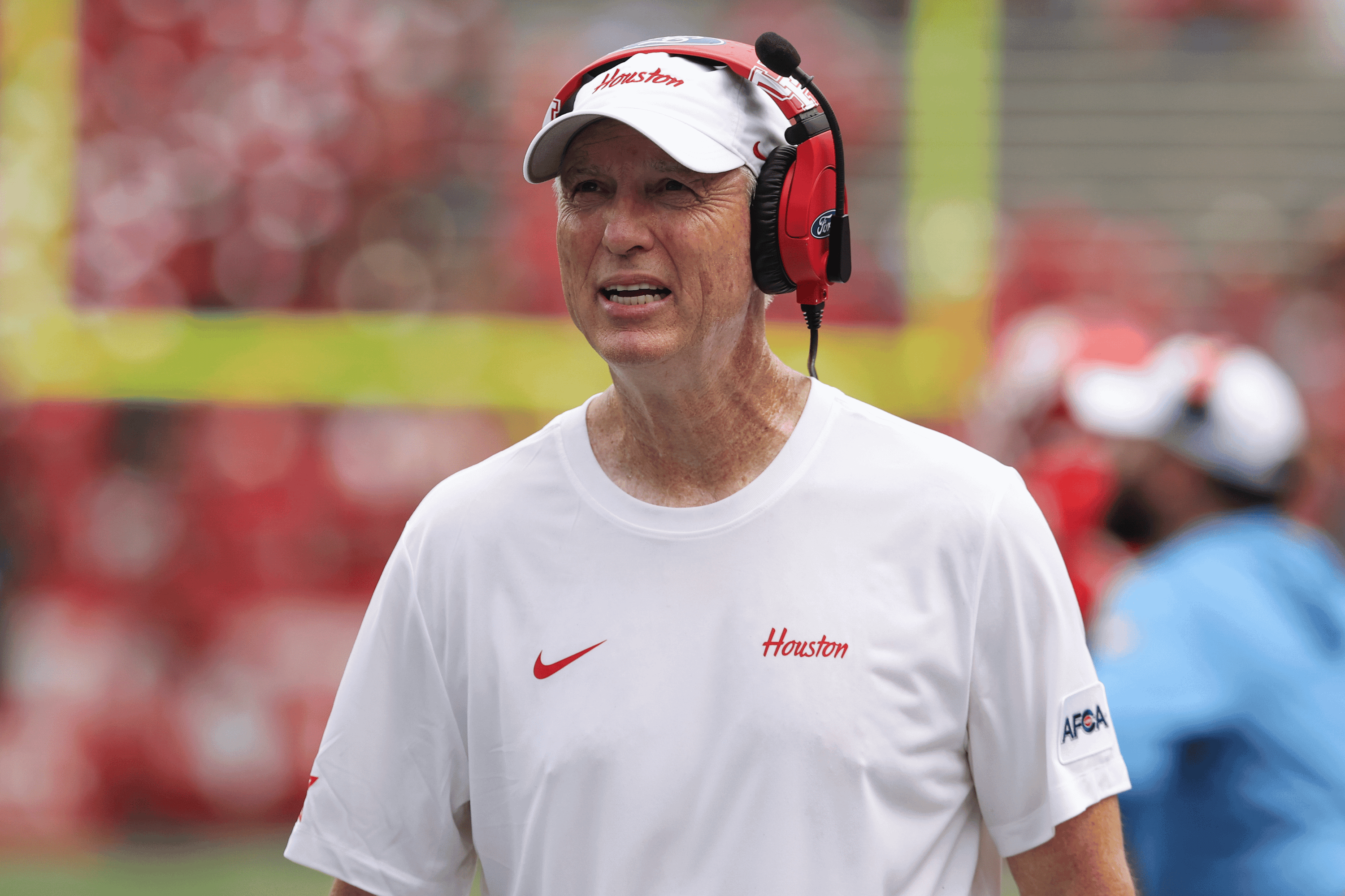 Sep 5, 2026; Houston, Texas, USA; Houston Cougars head coach Willie Fritz reacts on the sideline during the third quarter against the Oregon State Beavers at TDECU Stadium.