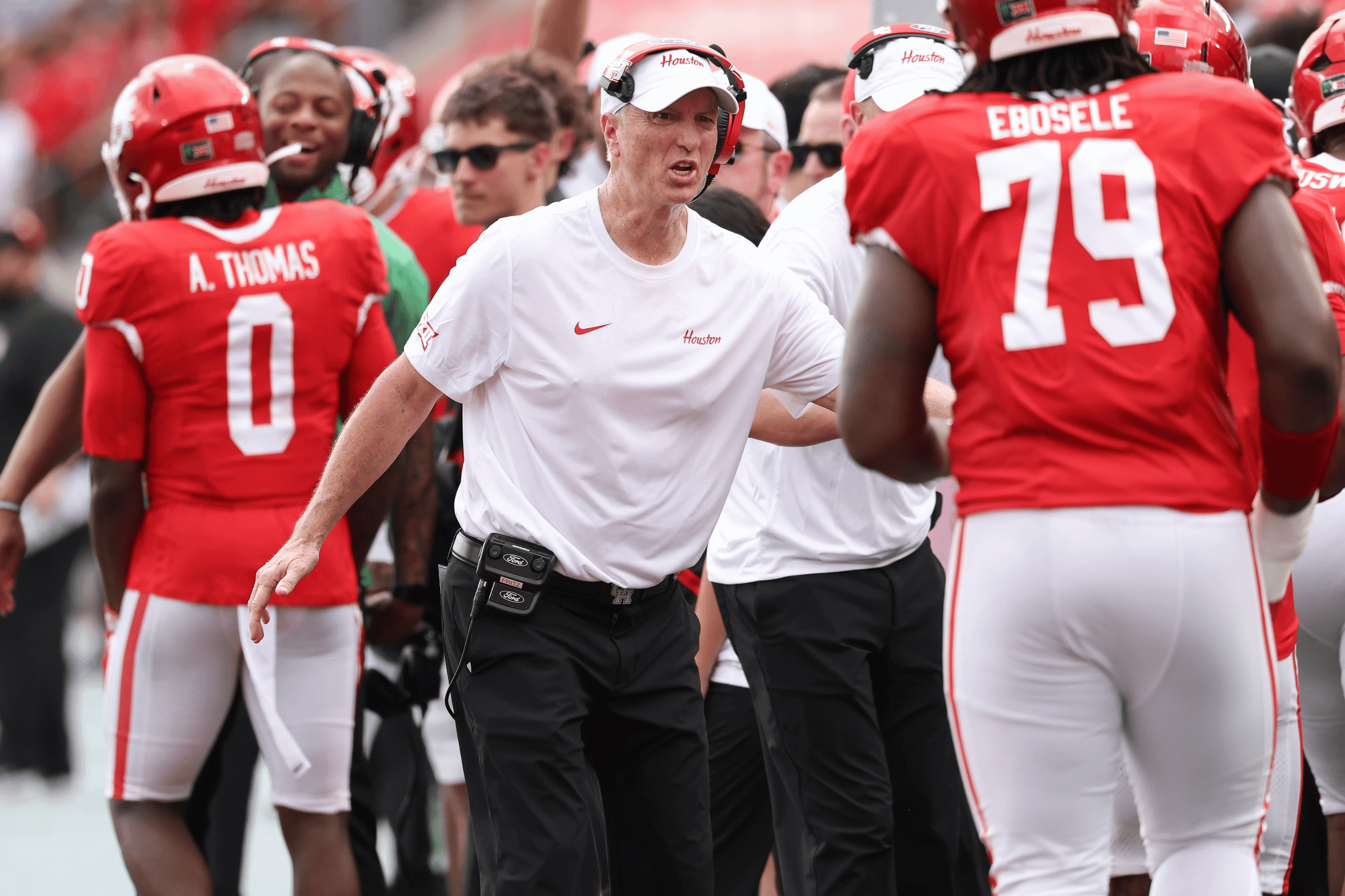 Sep 5, 2026; Houston, Texas, USA; Houston Cougars head coach Willie Fritz reacts after a touchdown during the first quarter against the Oregon State Beavers at TDECU Stadium.