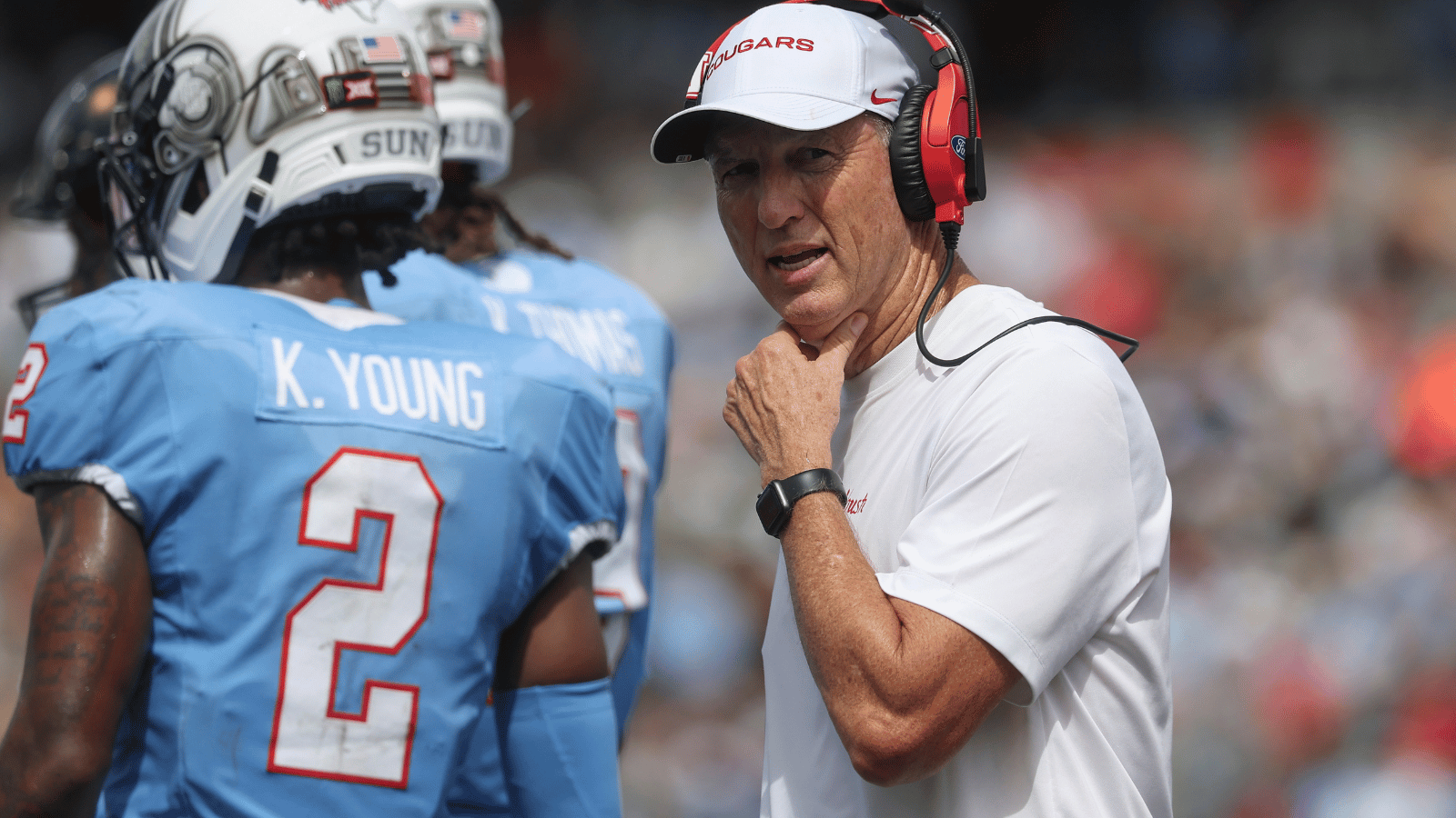 Oct 3, 2026; Houston, Texas, USA; Houston Cougars head coach Willie Fritz reacts during the second quarter against the UCF Knights at TDECU Stadium.