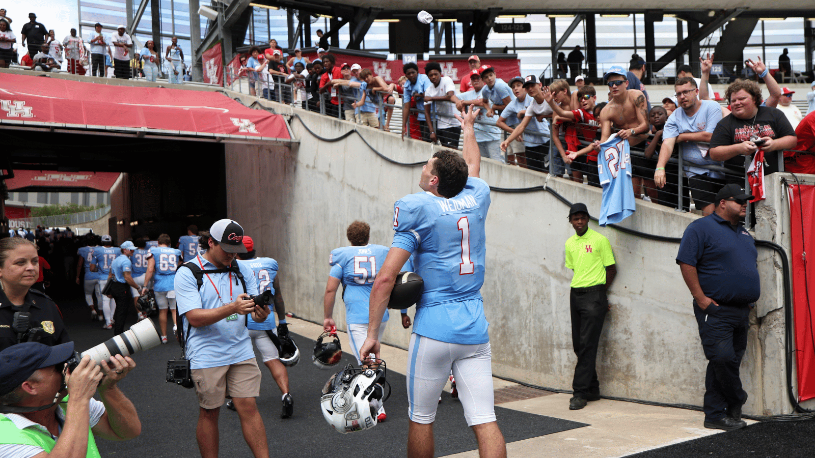 Oct 3, 2026; Houston, Texas, USA; Houston Cougars quarterback Conner Weigman (1) throws a sweatband while walking off the field after the game against the UCF Knights at TDECU Stadium