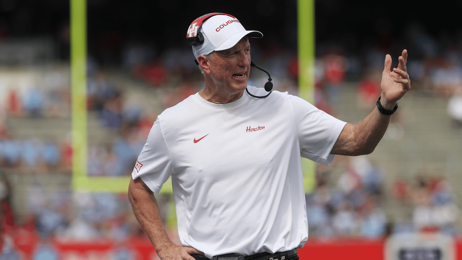 Oct 3, 2026; Houston, Texas, USA; Houston Cougars head coach Willie Fritz reacts during the second quarter against the UCF Knights at TDECU Stadium.