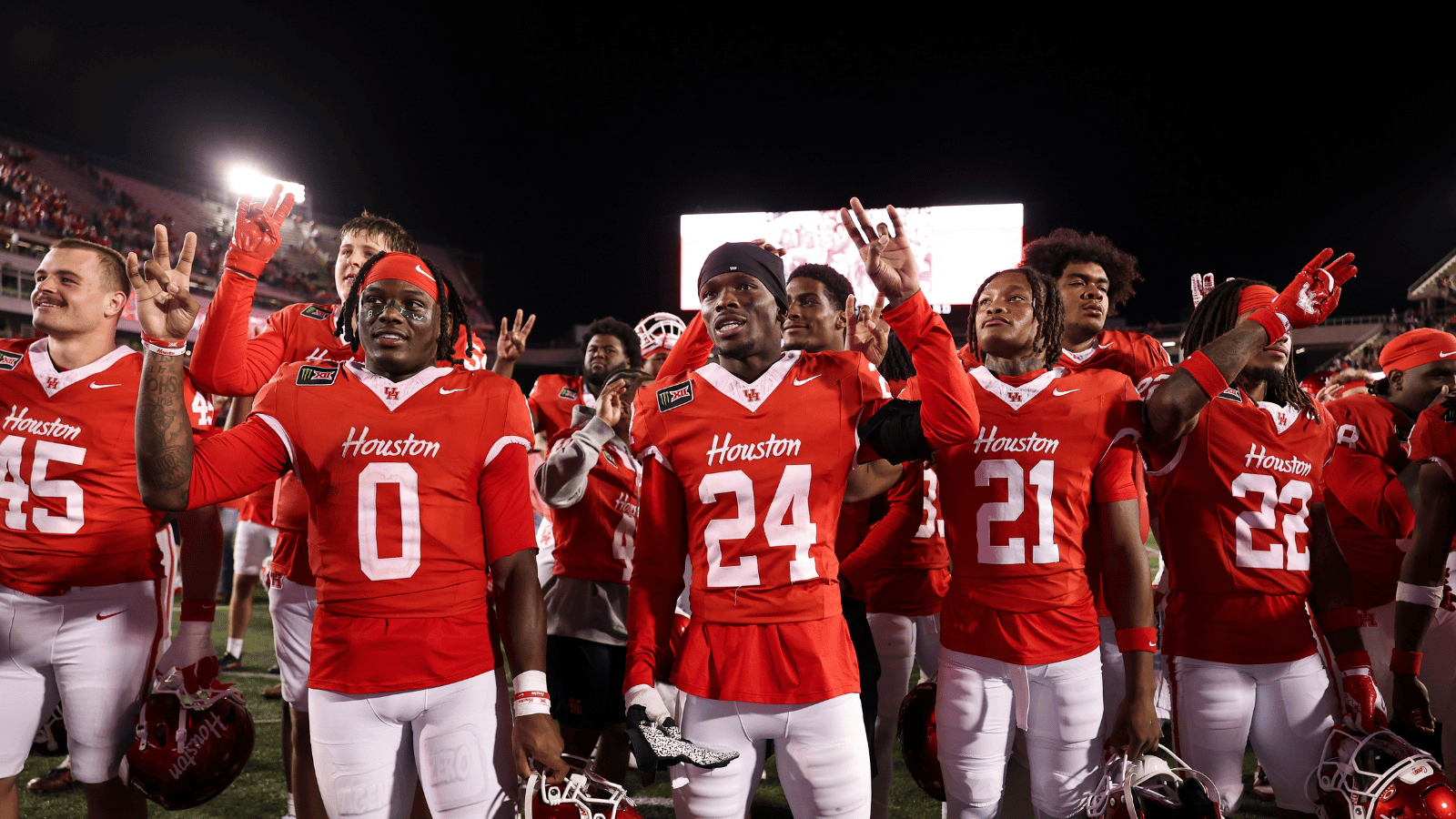 Oct 17, 2026; Houston, Texas, USA; Houston Cougars players celebrate after the game against the Oklahoma State Cowboys at TDECU Stadium