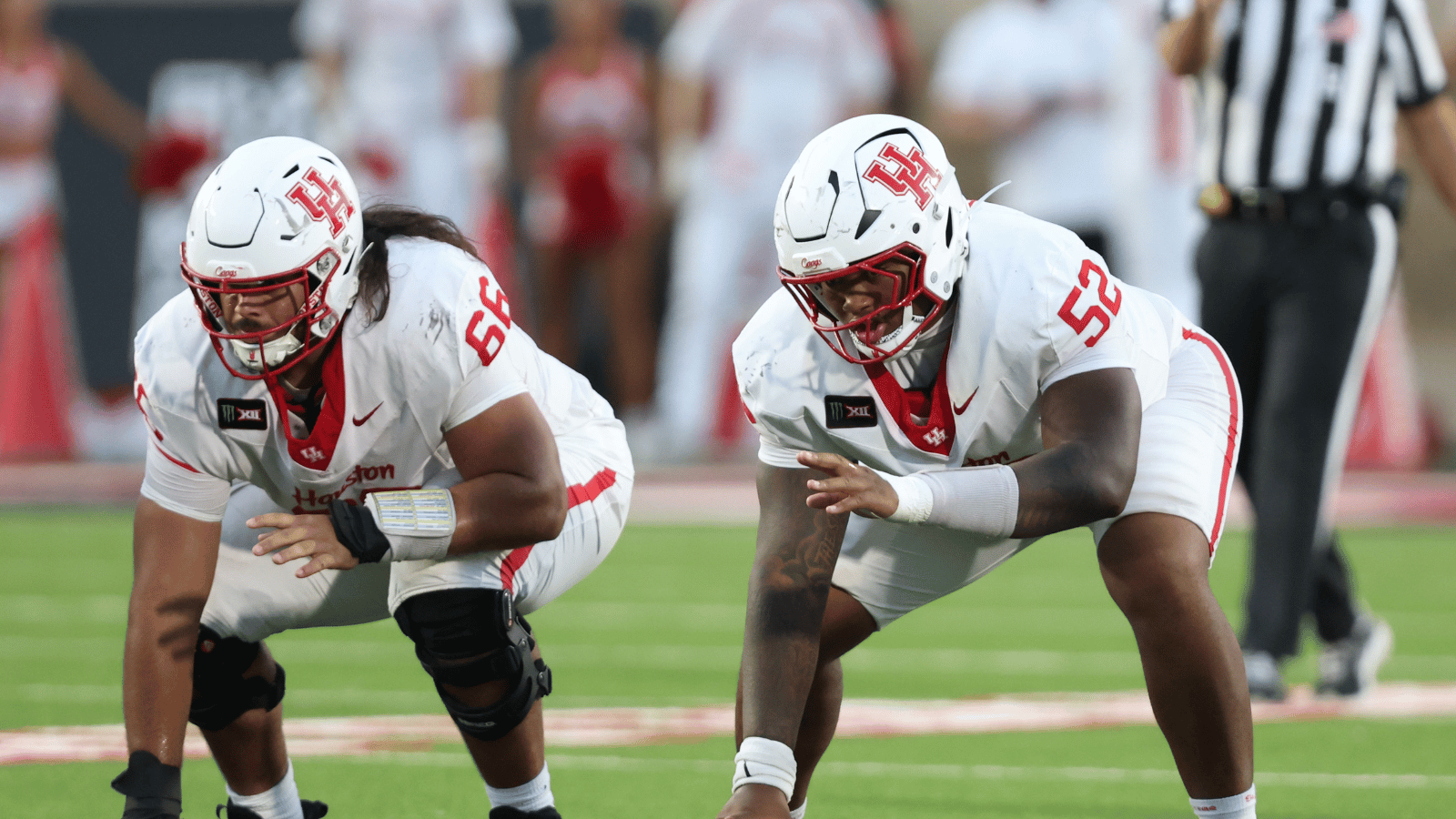 Sep 18, 2026; Lubbock, Texas, USA; Houston Cougars offensive lineman McKenzie Agnello (66) and offensive lineman Anthony Boswellat prepare to run a play against the Texas Tech Red Raiders in the first half at Galaxy Stadium.