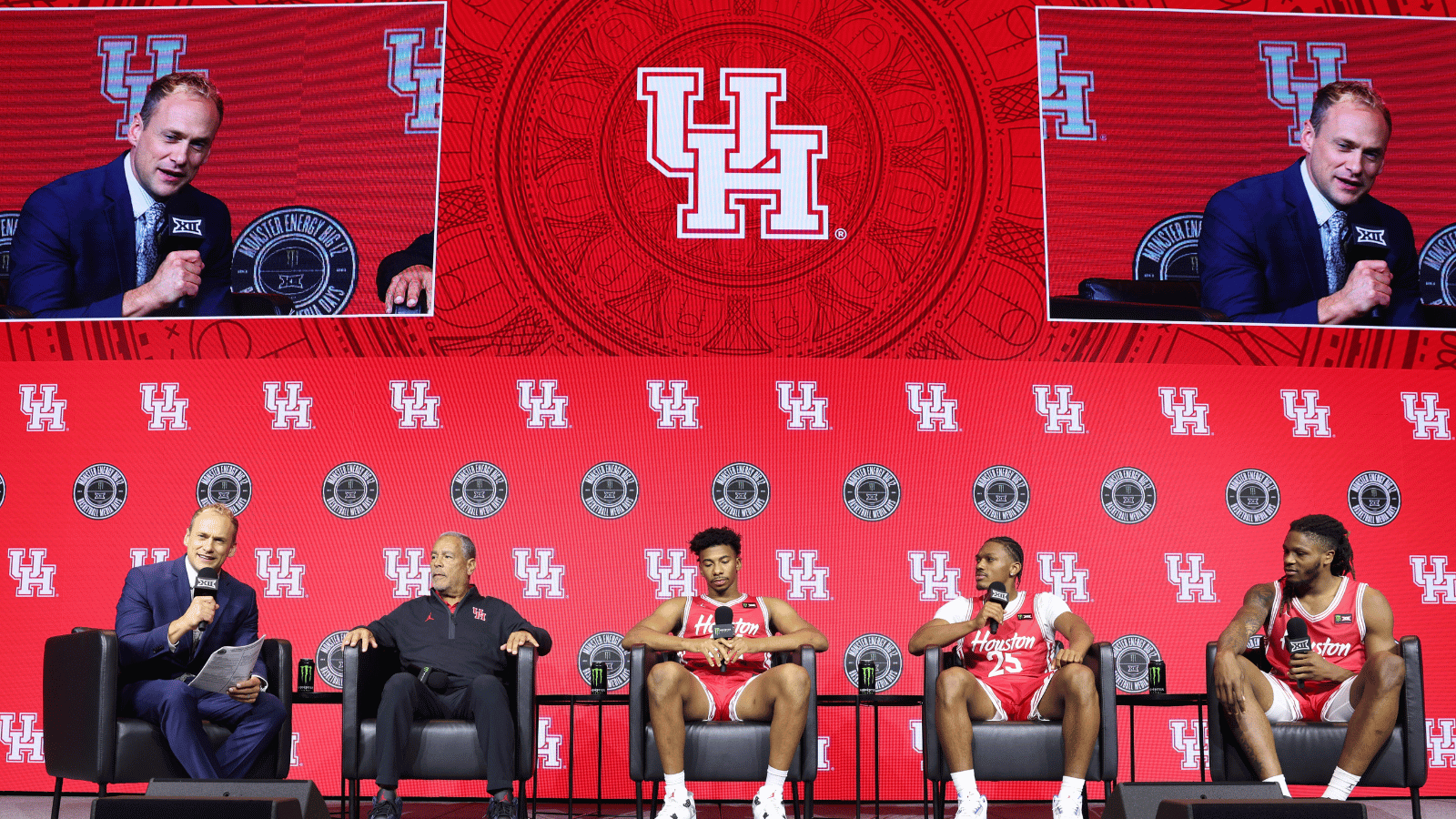Oct 21, 2026; Kansas City, MO, USA; Houston coach Kelvin Sampson and team sit on the interview stage during the big 12 Media Days at T-Mobile