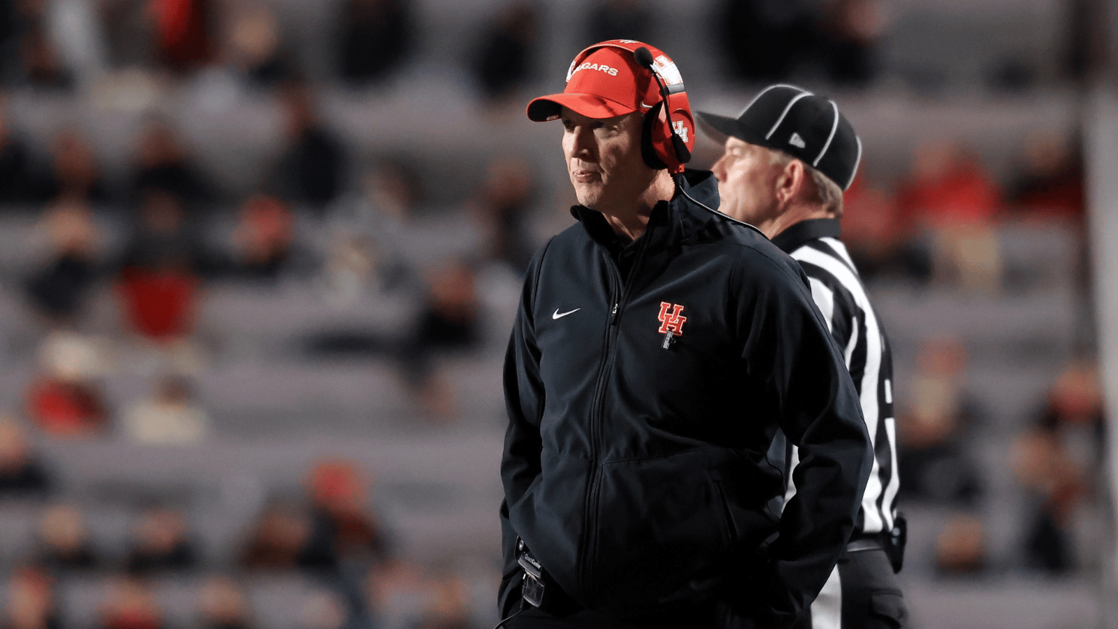 Oct 24, 2026; Salt Lake City, Utah, USA; Houston Cougars head coach Willie Fritz looks on during the fourth quarter against the Utah Utes at Rice-Eccles Stadium.